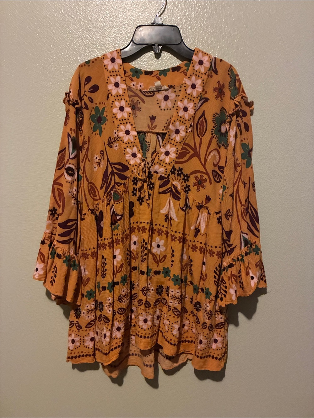 easel Mustard Floral Tie-Front Boho Tunic